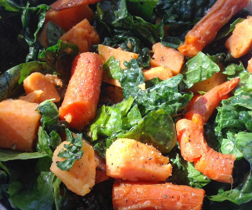 Kale Salad w/Warm Roasted Sweet Potatoes and Carrots